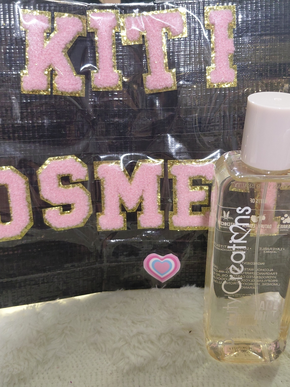 Beauty Creations Pink & Gold Cosmetic Bag with Travel Body Oil Bottle
